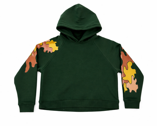 Green hoodie with colorful leaf patterns on sleeves against a white background
