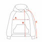 Outline of a hoodie with measurement points labeled A, B, and C on a white background.