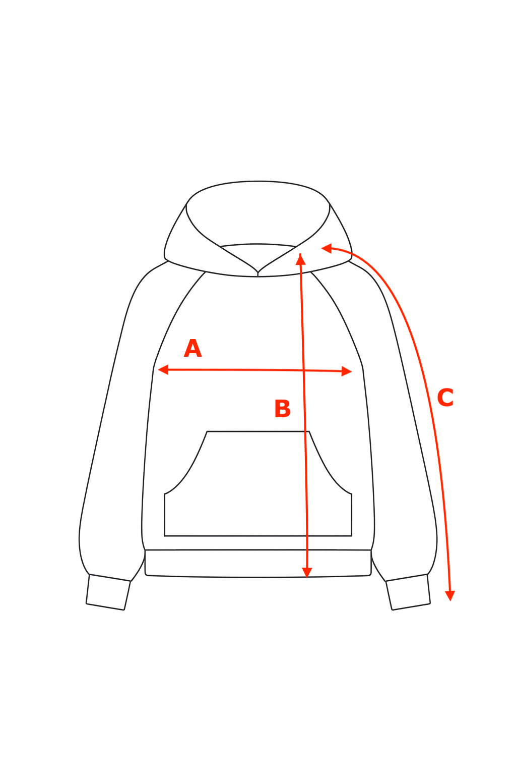Outline of a hoodie with measurement points labeled A, B, and C on a white background.
