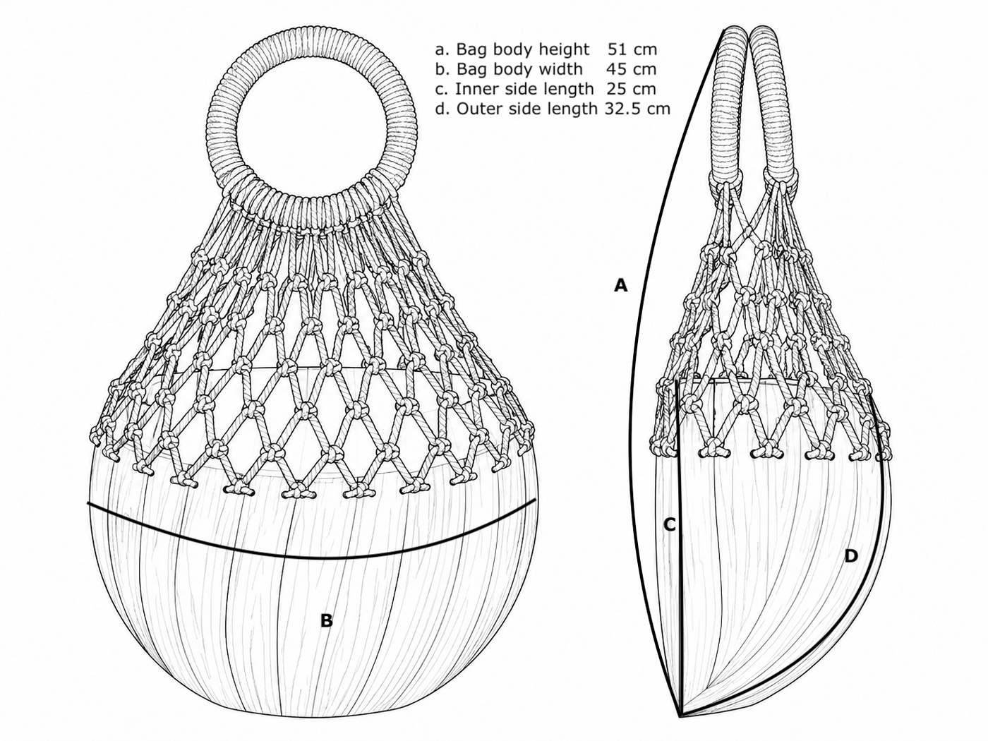 Size chart for Half Circle Wood Bag