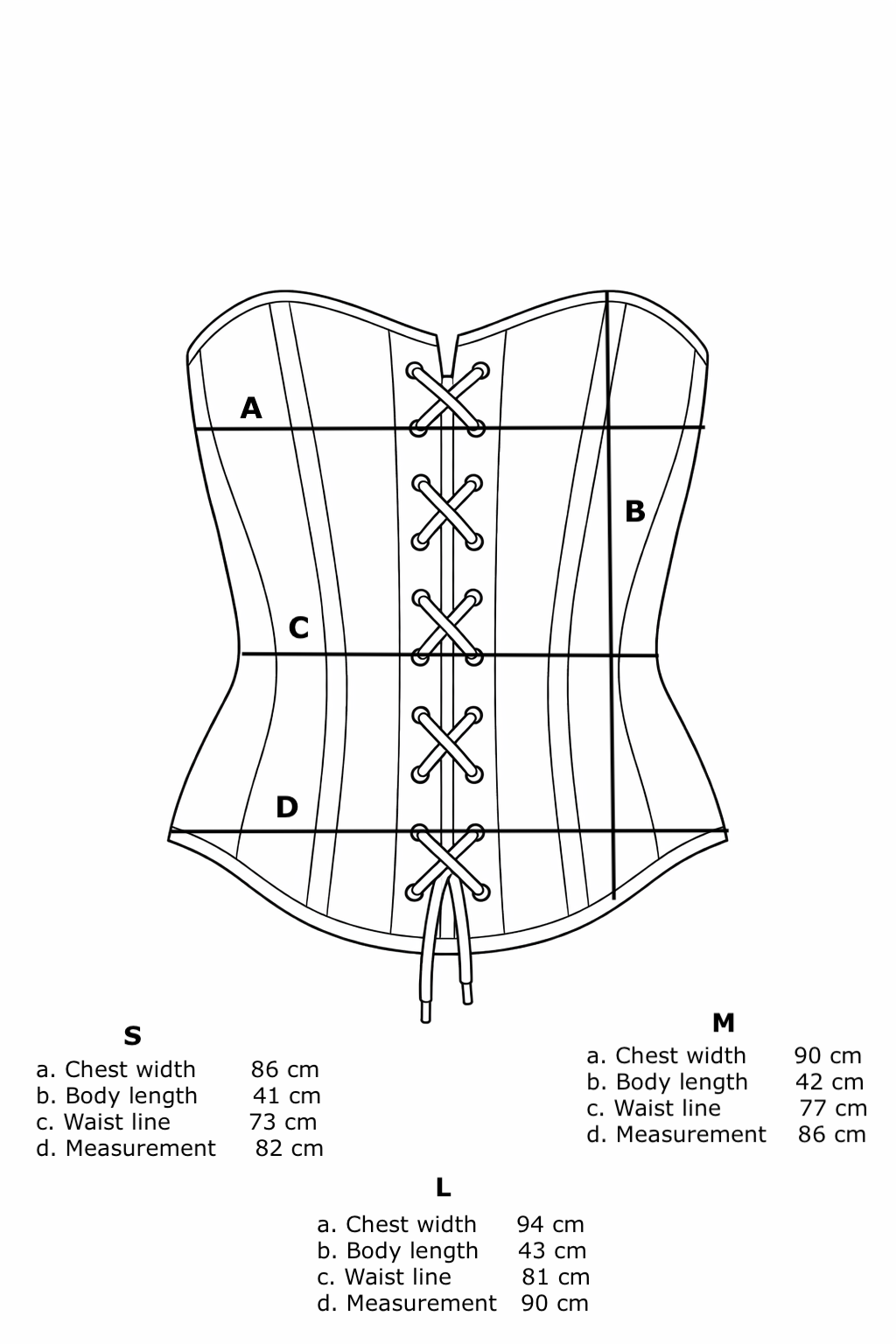 Size chart for Lace-Up Corset