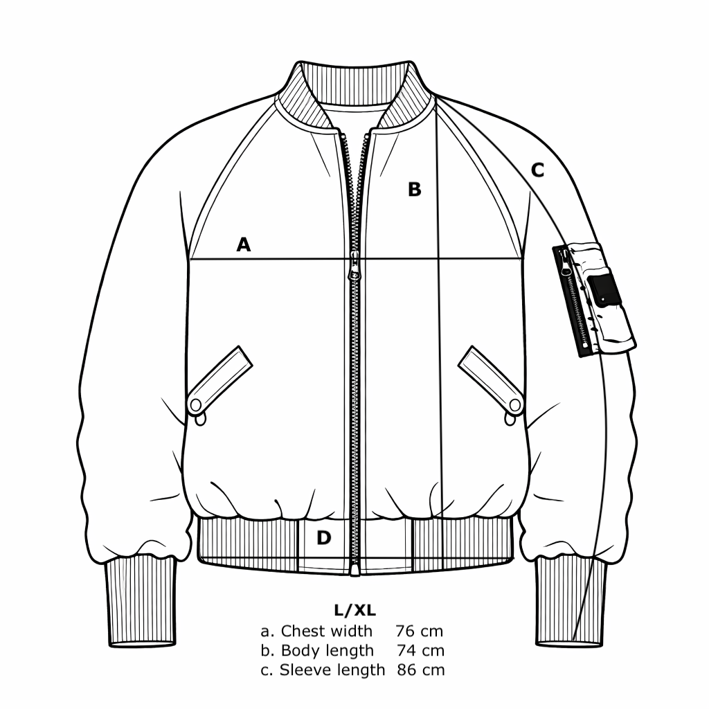 Size chart for Reversible Oversize Bomber
