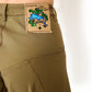 close up of forest embroidered patch on the back of Khaki wide leg cotton trousers, extra long for tall people 
