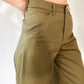 close up of person wearing Khaki wide leg cotton trousers, extra long for tall people on a white background