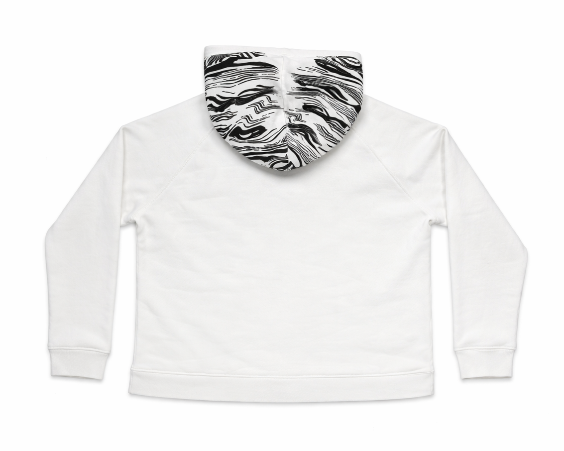 white oversized hoodie with tree bark print on hood heavyweight cotton
