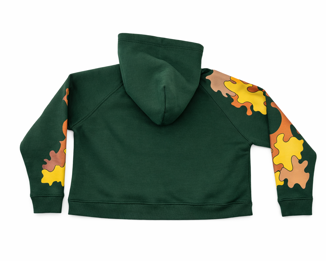 Green hoodie with colorful sleeve designs on a white background