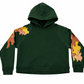 Green hoodie with colorful leaf patterns on sleeves against a white background