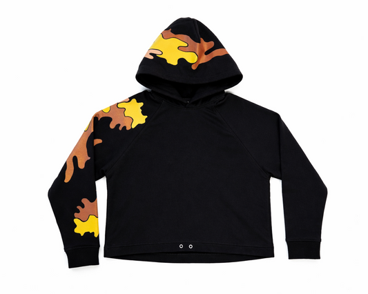 Black hoodie with colorful abstract designs on a white background