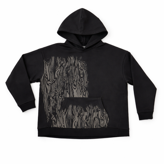 Black hoodie with a unique pattern on a white background
