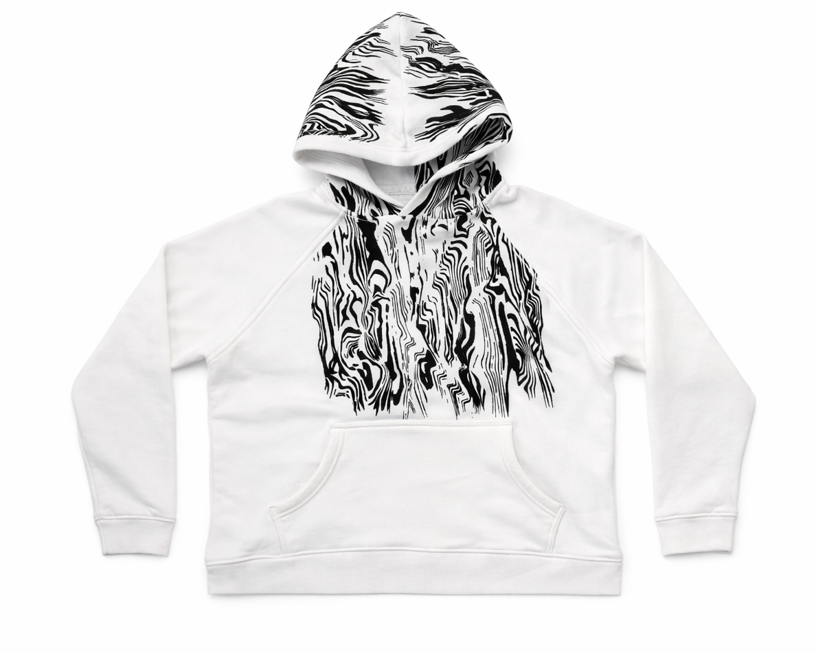 white heavyweight cotton hoodie with tree bark graphic print
