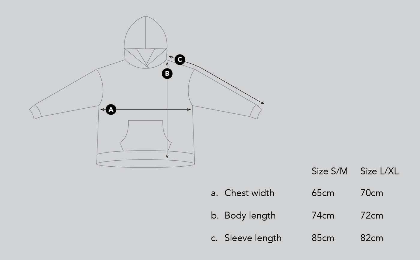 Size chart for White Bark Hoodie