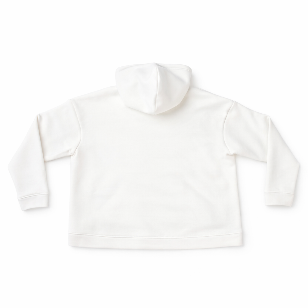 back of a white hoodie on a white background. ivory camo hoodie with camouflage print on hood heavyweight cotton
